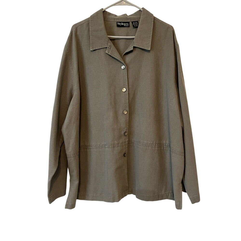 Style & Co Women's Greenish Linen Blend Button Front Shacket‎ Jacket Utility 24W
